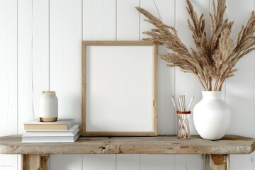 Wall Mural - A white frame with a white background sits on a wooden shelf. A vase with brown stems sits next to the frame. The shelf is filled with books and a few other items