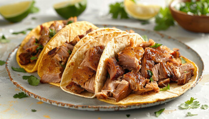 Poster - A plate of delicious tacos topped with meat, placed on a table, ready to be enjoyed