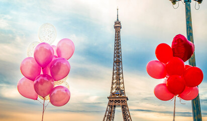 pink and red balloons in front of Eiffel tower, Paris, city of love