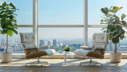 Two chairs, a plant, and a large window with a beautiful view fill the living room