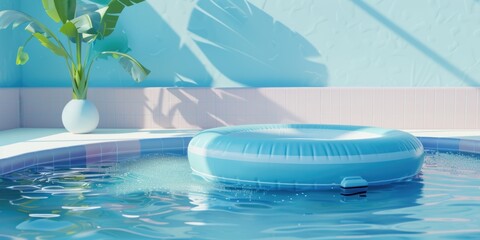 Poster - A blue inflatable pool float sits in a pool of water. The pool is surrounded by a white wall and a pink wall