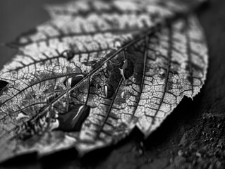 Canvas Print - A leaf with water droplets on it. The leaf is old and has a worn appearance