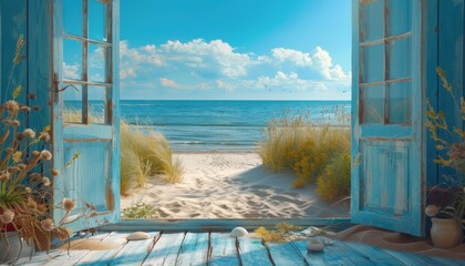 Poster - A beautiful beach view from a beach house. AI.