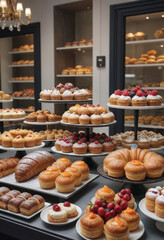 a french patisserie with an array of pastries.