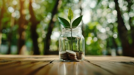 Canvas Print - A plant growing in a jar of coins. AI.