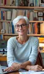 Canvas Print - Portrait of a smiling mature woman with short gray hair wearing glasses sitting at her desk in a home office. AI.