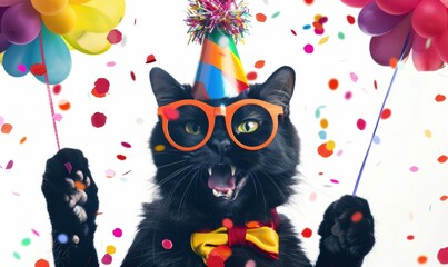 Poster - A black cat wearing a party hat and sunglasses is holding two balloons and surrounded by confetti. AI.