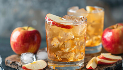 On a wooden cutting board, there are two glasses of apple cider with ice and apple slices in them