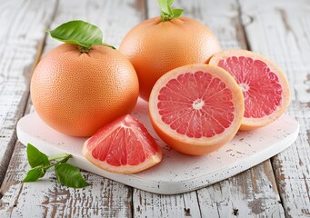 Fresh Grapefruit with Green Leaves on Wooden Table