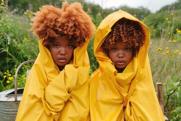 Two girls in yellow raincoats outdoors in a garden setting