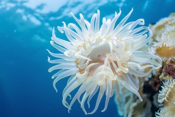 Anemone under the sea, coral anemone underwater in ocean sea.