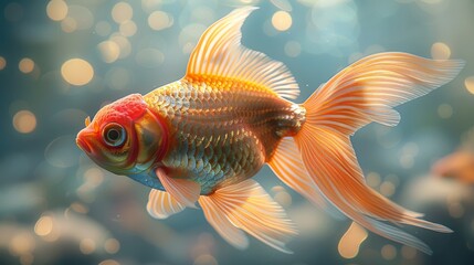 Wall Mural - Goldfish is gracefully swimming in a spacious aquarium, its scales shimmering under the soft light