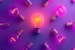 © Pastel King - A pattern of light bulbs on purple background, one bulb glowing with an idea concept. The central bulb is illuminated and the rest are unlit.