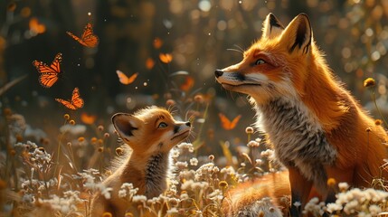 Wall Mural - Fox Family in a Magical Meadow