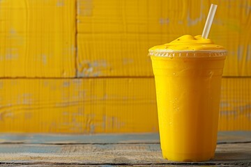 Wall Mural - Vibrant mango smoothie in a plastic cup with a straw capturing the refreshing and tropical essence of a summer beverage in a bright setting