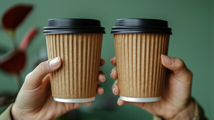 Wall Mural - Two women enjoying a cozy coffee break with large cups of hot beverages, against a fresh green background. Sharing a moment of togetherness and relaxation in their urban lifestyle