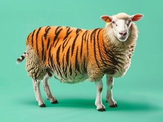 A sheep standing against green mint background. She has tiger print on her fur, minimal