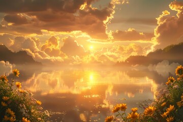 Sticker - Golden sunset over a lush landscape with dramatic clouds creating a breathtaking and serene natural scene filled with warmth and beauty