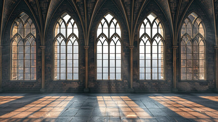 Empty dark room in Gothic style with large windows eerie and atmospheric interior grand architectural details mysterious ambiance dramatic lighting and shadows medieval design elements spacious and ha