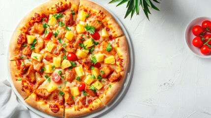 Sticker - Homemade chicken and pineapple Hawaiian pizza with red sauce crispy crust and tomatoes on light background