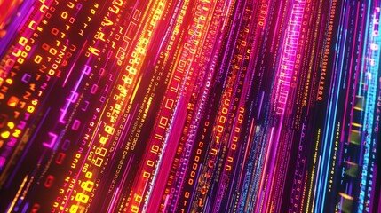 A dynamic representation of neon digital data streams flowing in a vibrant abstract background depicting the flow of digital information and futuristic technology