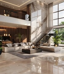 Wall Mural - Modern Living Room Interior Design with Marble Wall and Glass Staircase