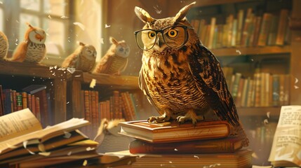 A studious owl professor, perched on a stack of books, wearing spectacles and adjusting tiny spectacles while lecturing to a classroom of attentive animals.