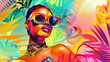 © Jay Koppelman - A stylish Black woman in oversized sunglasses surrounded by vibrant tropical foliage, embodying colorful summer fashion and energy, highlighting a bold and dynamic lifestyle