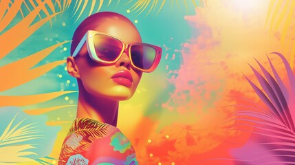 Wall Mural - A fashionable woman with sunglasses at a vibrant tropical beach with palm trees capturing the essence of style, summer, and a lively tropical lifestyle