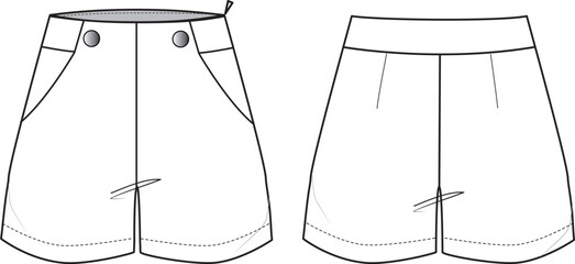 Women's Button-up Shorts. Technical fashion illustration with side pockets. Front and back, white color. Women's CAD mock-up.