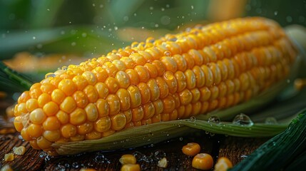 Poster - Vibrant ripe corn cob sprinkled with water droplets on a rustic wooden surface, surrounded by green leaves. Perfect for illustrating the connection between agriculture, food, and healthy eating