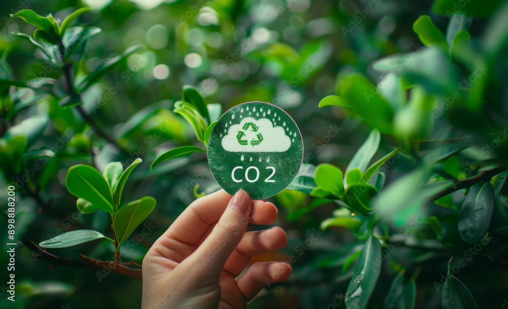 Reduce CO2 emission concept. A hand holds a green CO2 emissions symbol ...