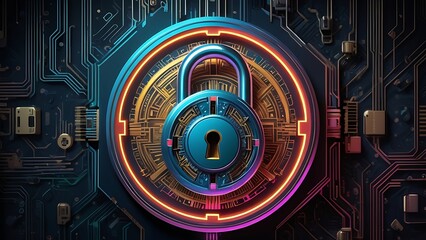 Poster - Neon padlock on circuit board; cyber security concept. Suitable for technology websites, data protection blogs, cybersecurity presentations, and digital security themes.