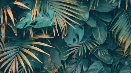 Wall Mural - close up tropical foliage texture background with vintage color tone for environment and travel conc