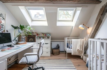 Wall Mural - A small room with a desk and a chair, a white crib, and a window with a skylight