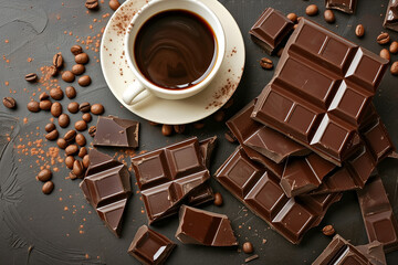 Dark organic chocolate, coffee beans and a cup of black coffee on a dark concrete background. Top view, Chocolate bar and broken piece of chocolate on the table, cocoa. Arabica coffee beans, Close-up