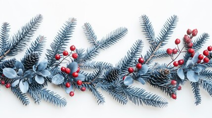 Poster - Festive Christmas composition with blue fir branches and red berries on white background