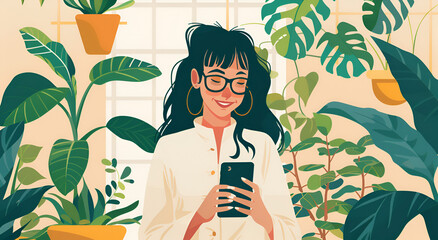 Wall Mural - Beautiful woman surrounded by plants while using technology.