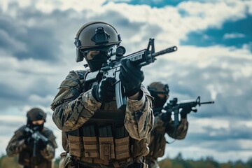 A soldier holds a gun in his hand, ready for action