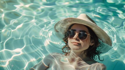 A woman in a bikini is laying in a pool with a straw hat on
