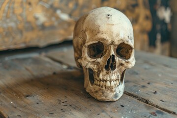 Sticker - A skull sitting on top of a wooden table, perfect for decoration or use in a crime scene setup