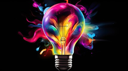 Wall Mural - Black background with colorful lightbulb splashes