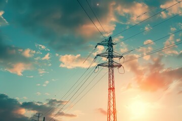 Photorealistic beautiful high voltage lines poles Generative AI