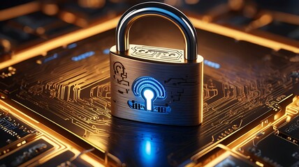 Poster - 3d Title Gold padlock on blue circuit board. Suitable for cybersecurity concepts, technology backgrounds, and data protection designs. 4