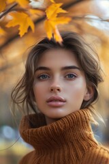 Canvas Print - A woman wearing a turtle neck sweater looks directly at the camera