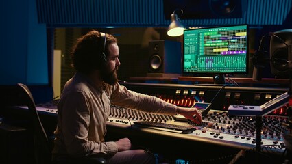 Fototapete - Mixing engineer pressing sliders on control desk to balance tracks and add sound effects, creating new music. Audio engineering expert works with motorized faders in professional studio. Camera B.