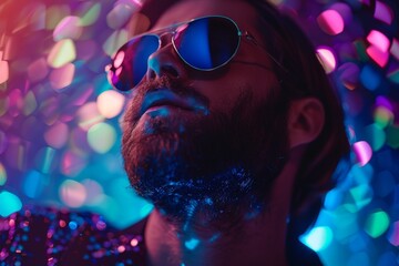 Photorealistic beautiful man in sunglasses in disco ball club Generative AI