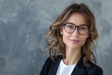 Photorealistic beautiful cheerful professional business woman office worker wearing glasses Generative AI