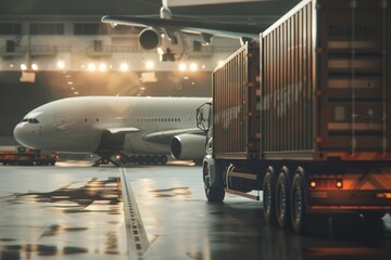 Wall Mural - Photorealistic logistic import export background Cargo plane goods truck with cargo containers Generative AI