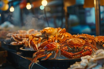 Photorealistic fresh seafood on market stalls Generative AI